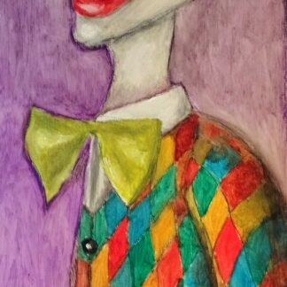 The is portrait painting of a clown and was inspired by a visit to a local circus. Painted by Irish artist David Lynch.